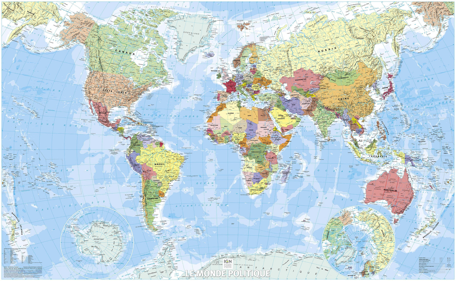 Poster plastifié - Monde politique 2026 - 1/29M - 138 x 85 cm | IGN carte murale roulée (en tube) IGN 