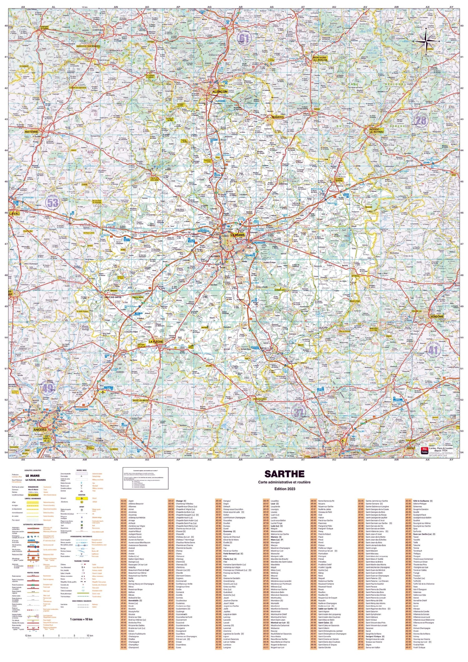Poster - Sarthe (119 x 85 cm) | Blay Foldex carte murale roulée (en tube) Blay Foldex