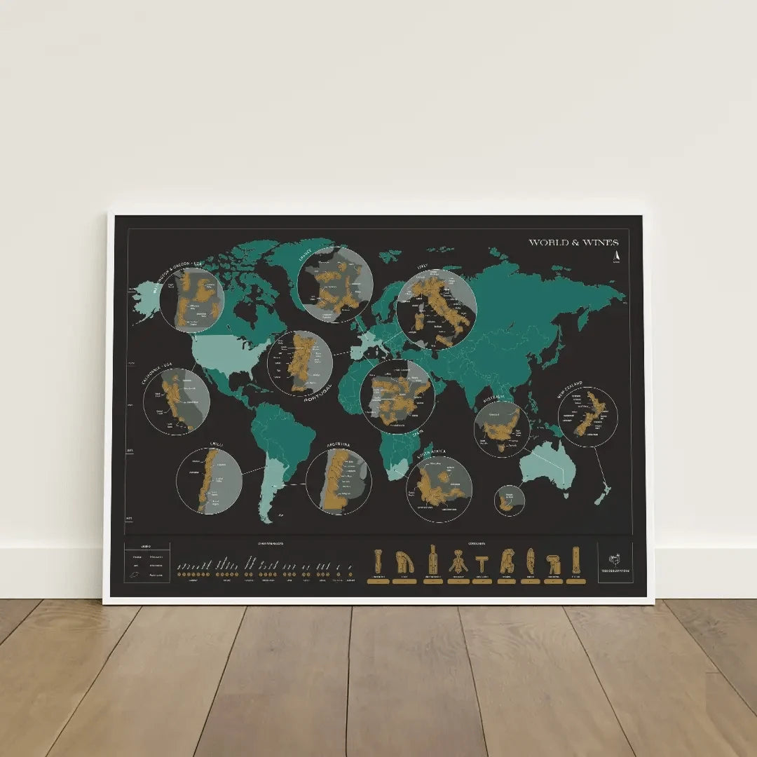 Scratch off wine map - World (70 x 50 cm ), en anglais | 1020 Dégustations carte murale roulée (en tube) 1020 Dégustations