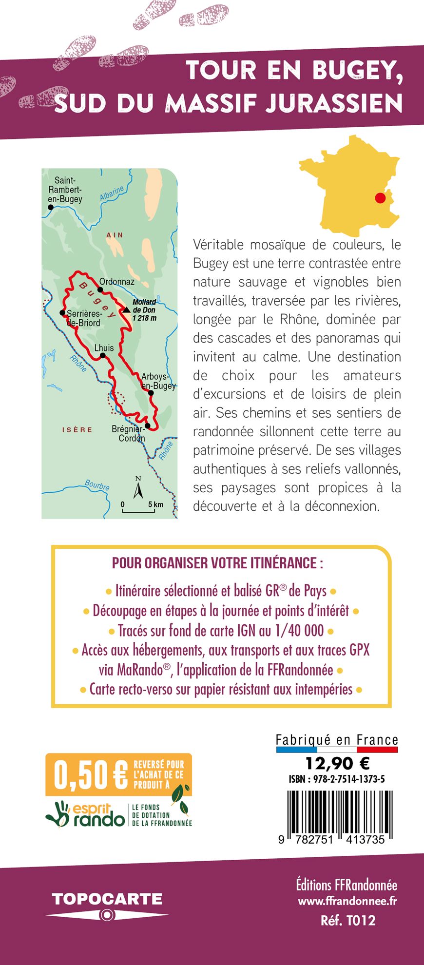 Topocarte - Tour en Bugey, sud du massif jurassien | FFRandonnée carte pliée FFR - Fédération Française de Randonnée 