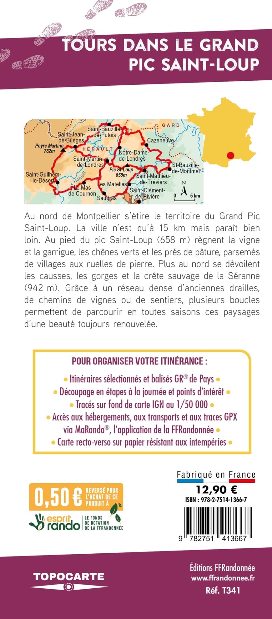Topocarte - Tours dans le Grand Pic Saint-Loup (Hérault) | FFRandonnée carte pliée FFR - Fédération Française de Randonnée 