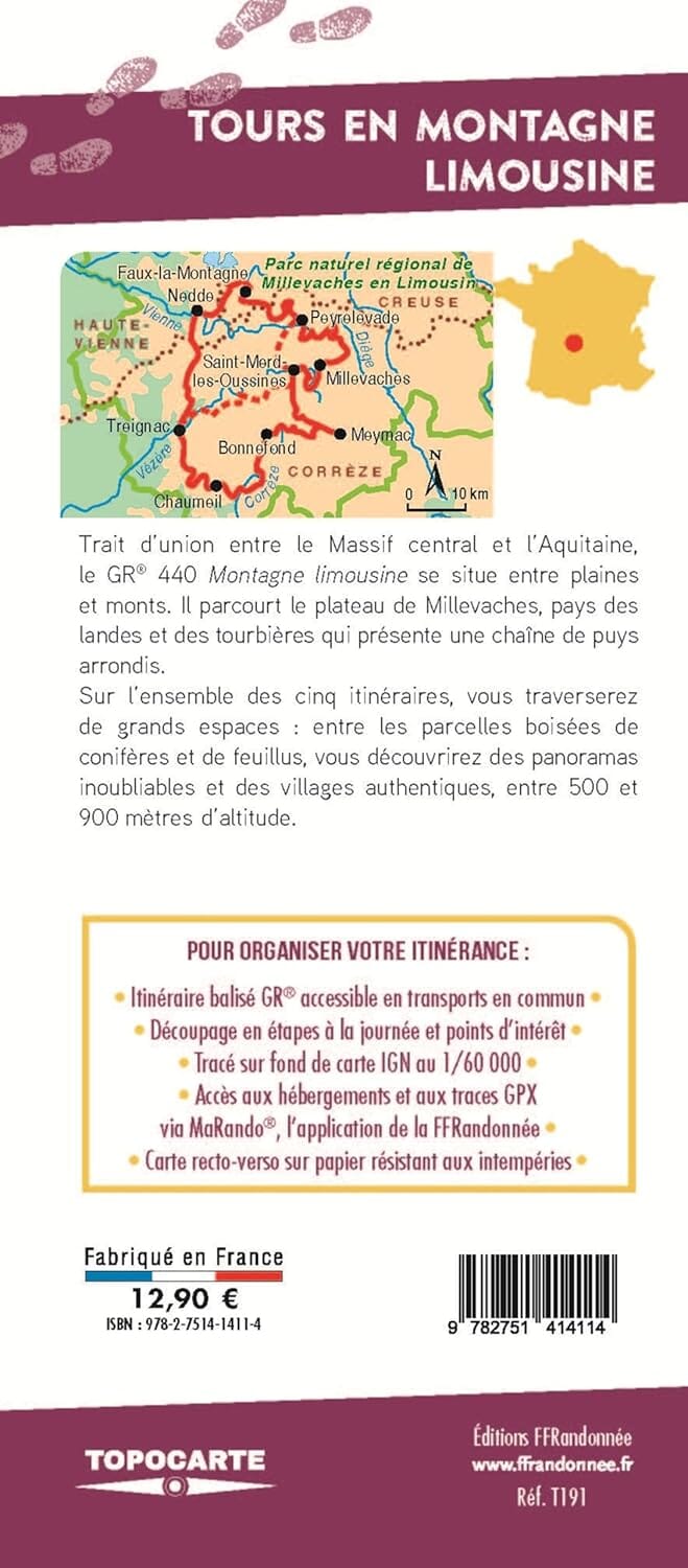 Topocarte - Tours en montagne limousine, Plateau de Millevaches | FFRandonnée carte de randonnée FFR - Fédération Française de Randonnée 