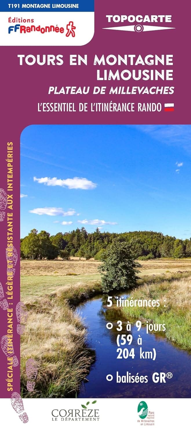 Topocarte - Tours en montagne limousine, Plateau de Millevaches | FFRandonnée carte de randonnée FFR - Fédération Française de Randonnée 