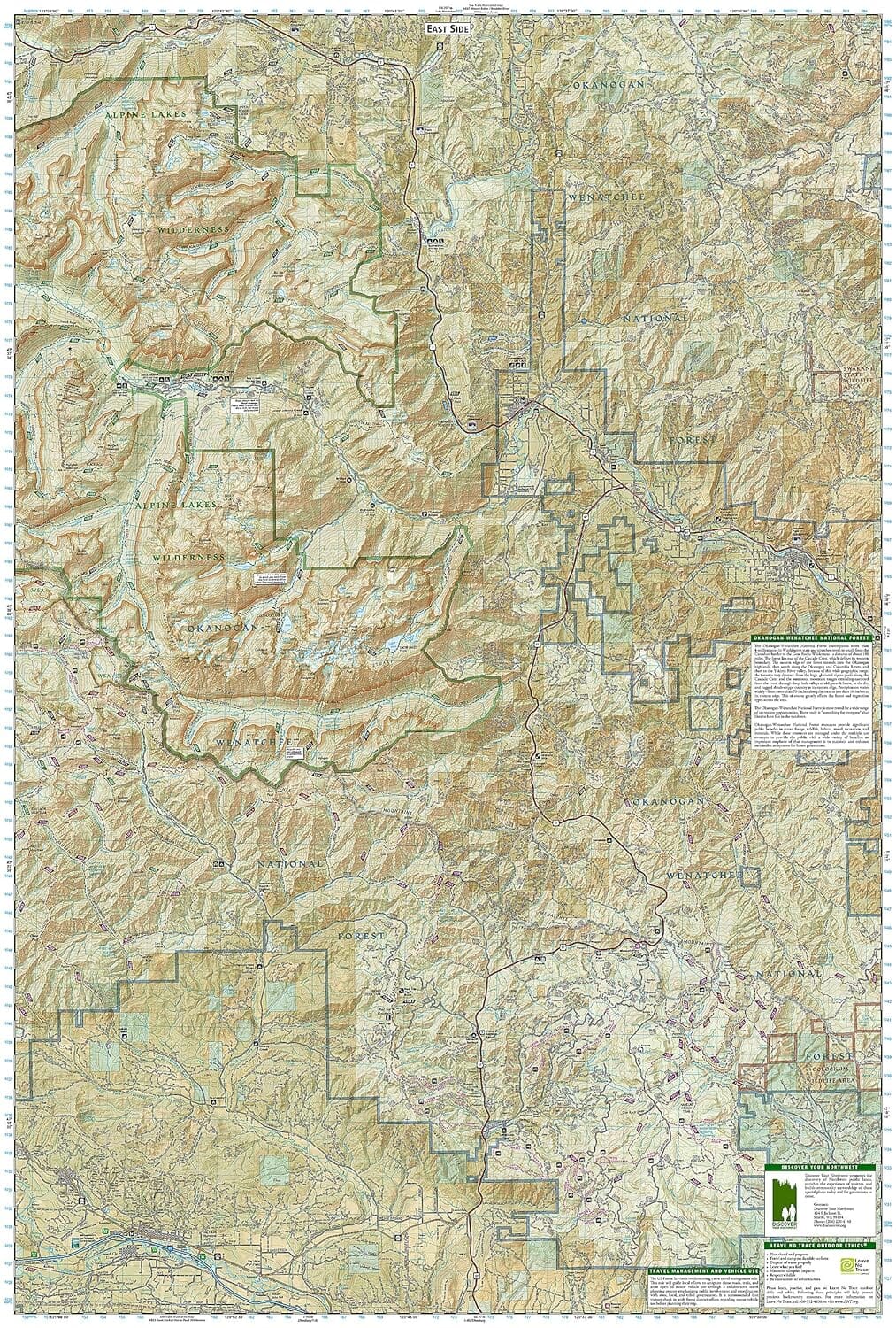 Trails Map of Alpine Lakes Wilderness Area (Mt Baker-Snoqualmie & Okanogan-Wenatchee National Forests, Washington), # 825 | National Geographic carte pliée National Geographic 