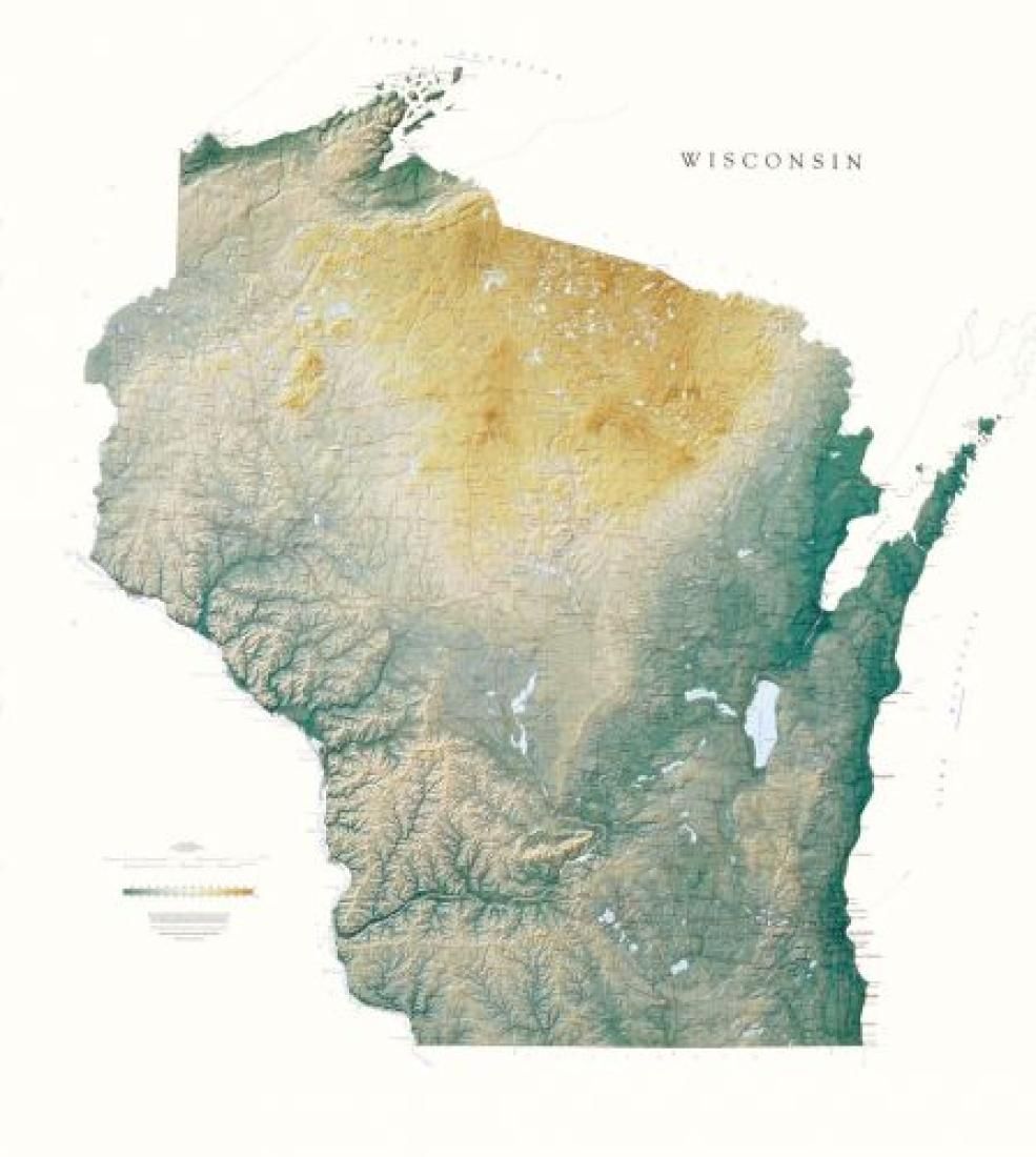 Carte murale physique - Wisconsin | Raven Maps