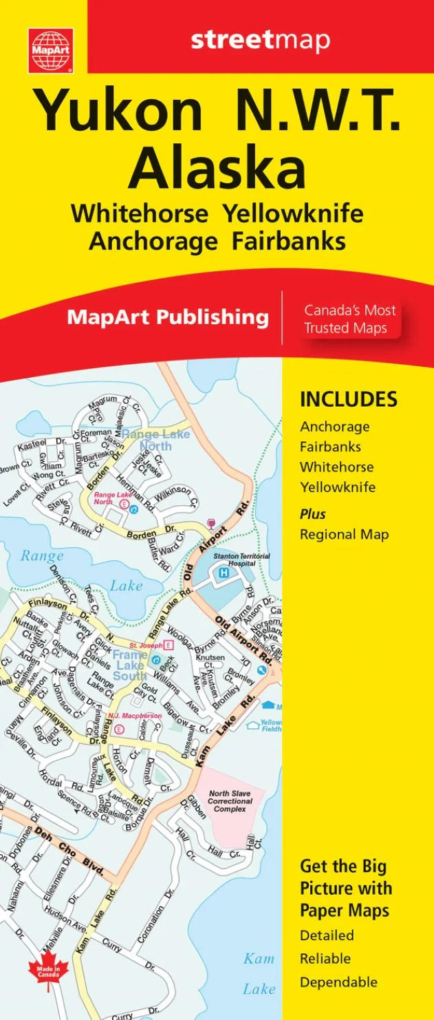 Carte du Yukon, N.W.T. et de l'Alaska, avec plans de Whitehorse, Yellowknife, Anchorage, Fairbanks | MapArt carte routière Canadian Cartographics Corporation
