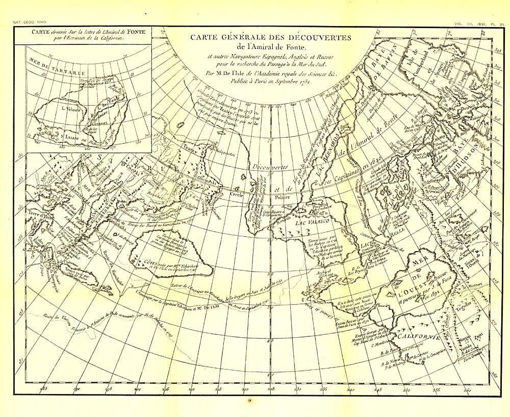 1892 Carte Generale Des Decouvertes De Lamiral De Fonte 1752 Map carte murale roulée (en tube) National Geographic Historic POD Default Title