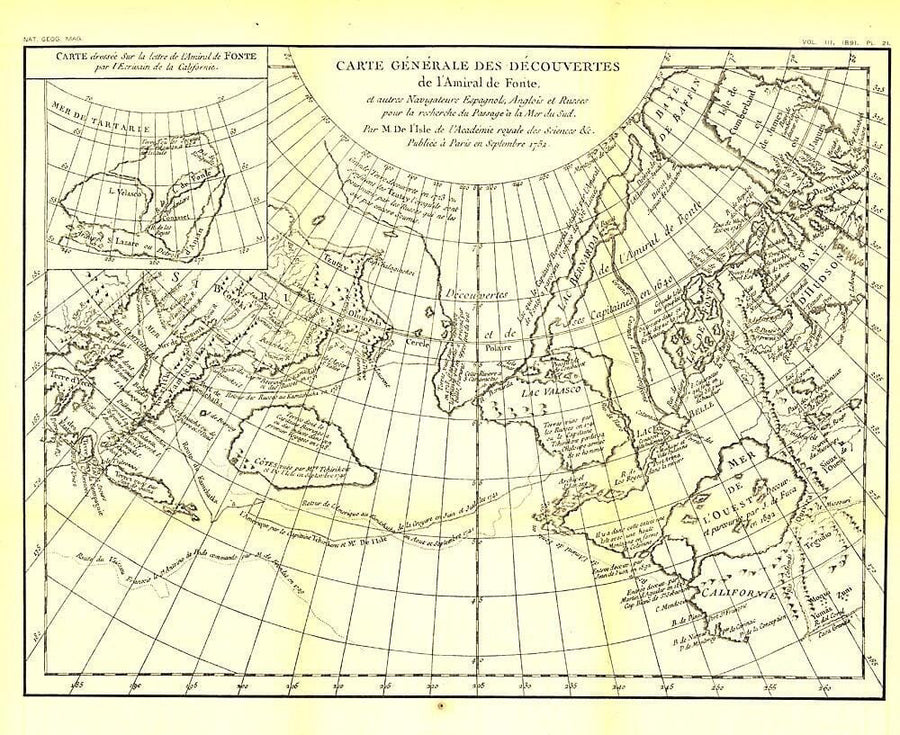 1892 Carte Generale Des Decouvertes De Lamiral De Fonte 1752 Map Wall Map 