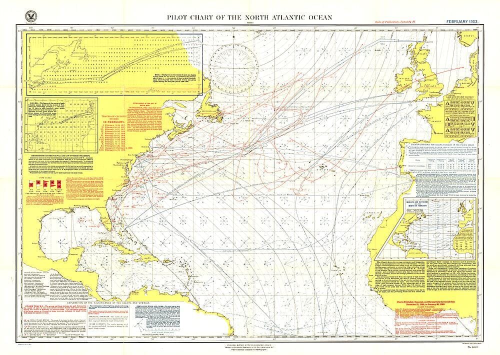 1903 Carte pilote de l'océan Atlantique Nord (carte) carte murale roulée (en tube) National Geographic Historic POD Default Title