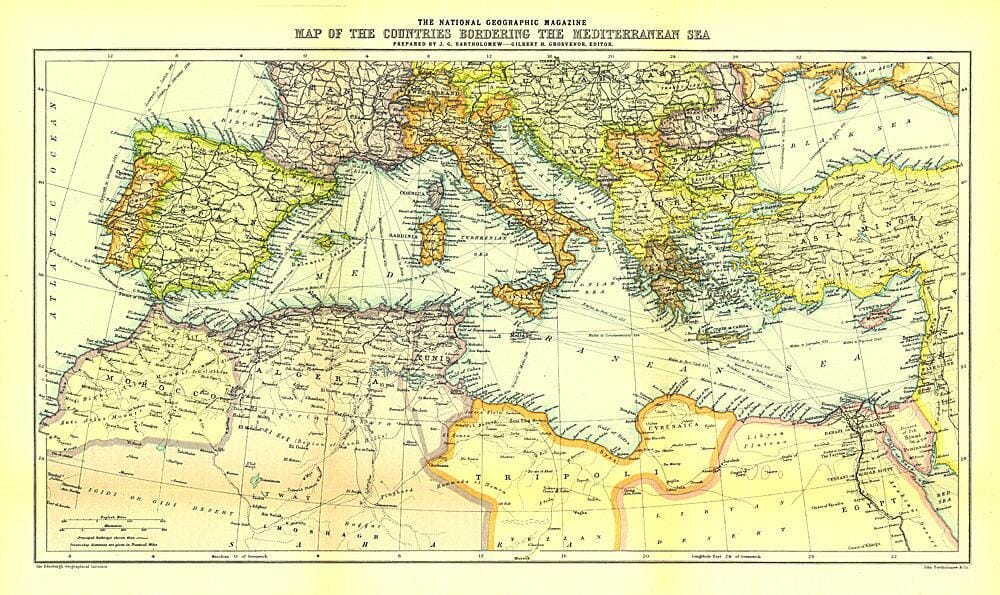 1912 Carte des pays bordant la mer Méditerranée carte murale roulée (en tube) National Geographic Historic POD Default Title