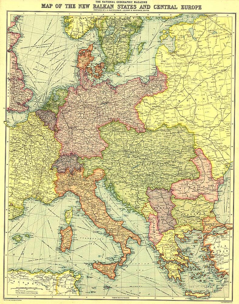 1914 Nouvelle carte des États des Balkans et de l'Europe centrale carte murale roulée (en tube) National Geographic Historic POD Default Title
