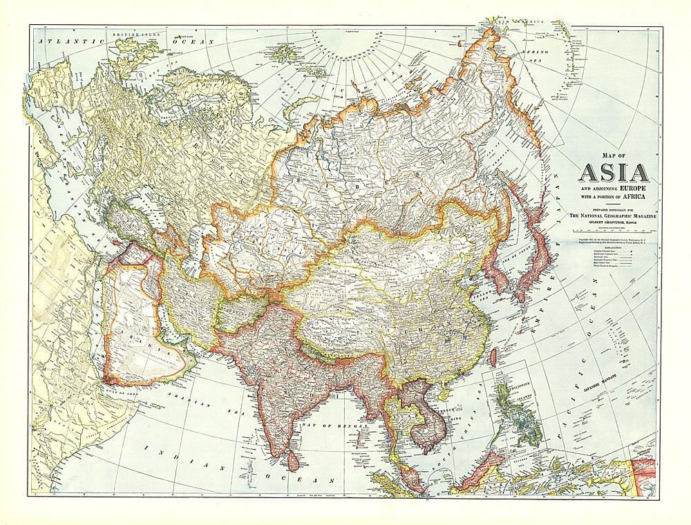 1921 Carte de l'Asie avec l'Europe et une partie de l'Afrique carte murale roulée (en tube) National Geographic Historic POD Default Title