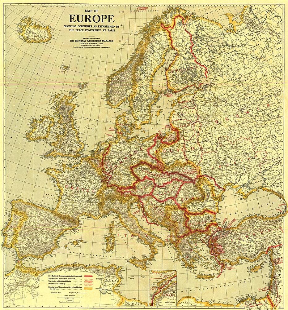 1921 Carte de l'Europe montrant les pays établis par la Conférence de paix de Paris carte murale roulée (en tube) National Geographic Historic POD Default Title