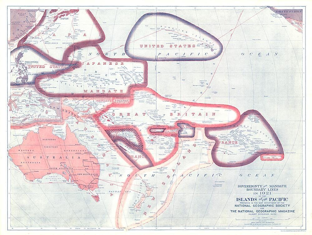1921 Lignes de souveraineté et de délimitation du mandat des îles du Pacifique carte murale roulée (en tube) National Geographic Historic POD Default Title