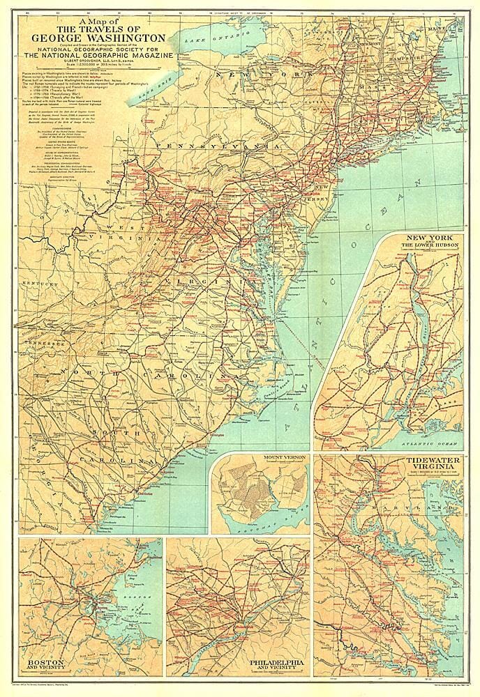 1932 Travels of George Washington (carte) carte murale roulée (en tube) National Geographic Historic POD Default Title
