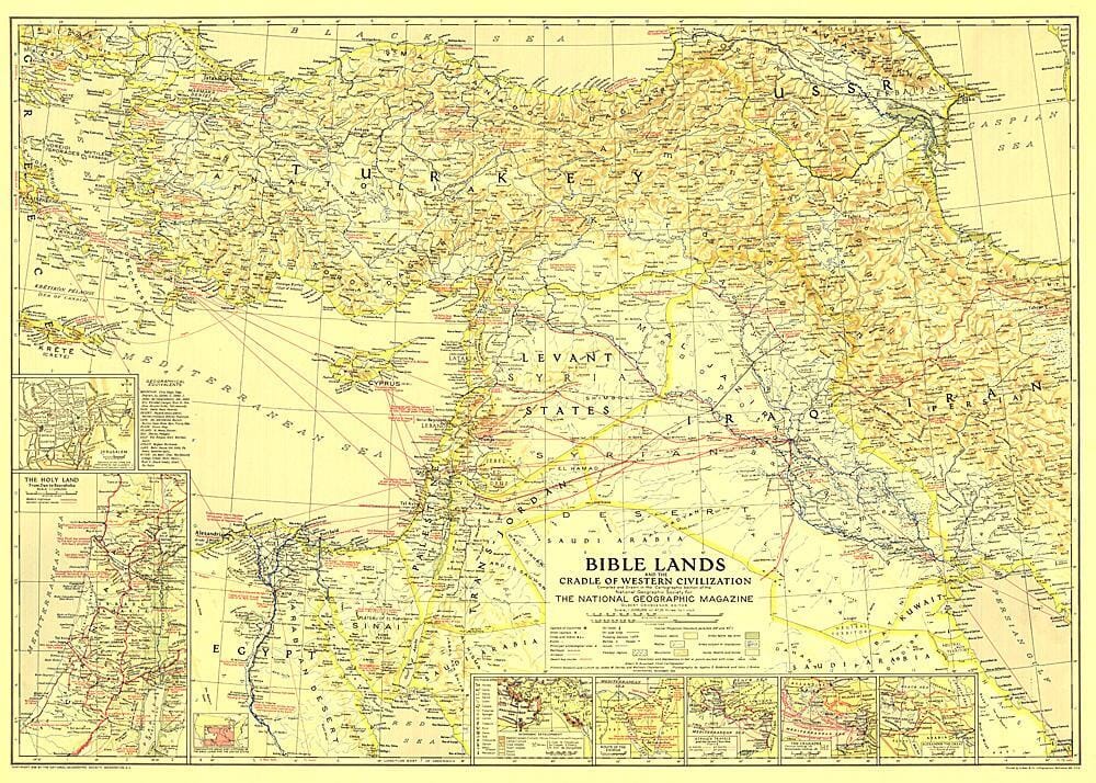 1938 Terres de la Bible, et le berceau de la civilisation occidentale (carte) carte murale roulée (en tube) National Geographic Historic POD Default Title