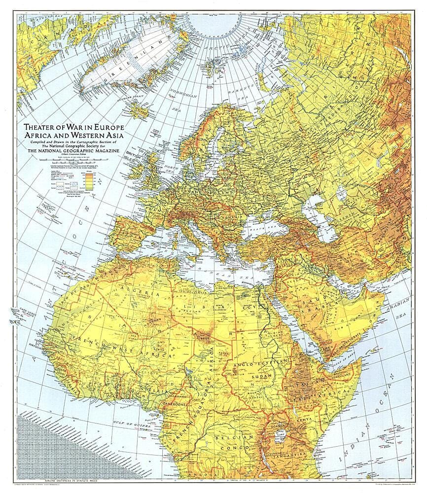 1942 Theater of War in Europe, Africa and Western Asia Map Wall Map 