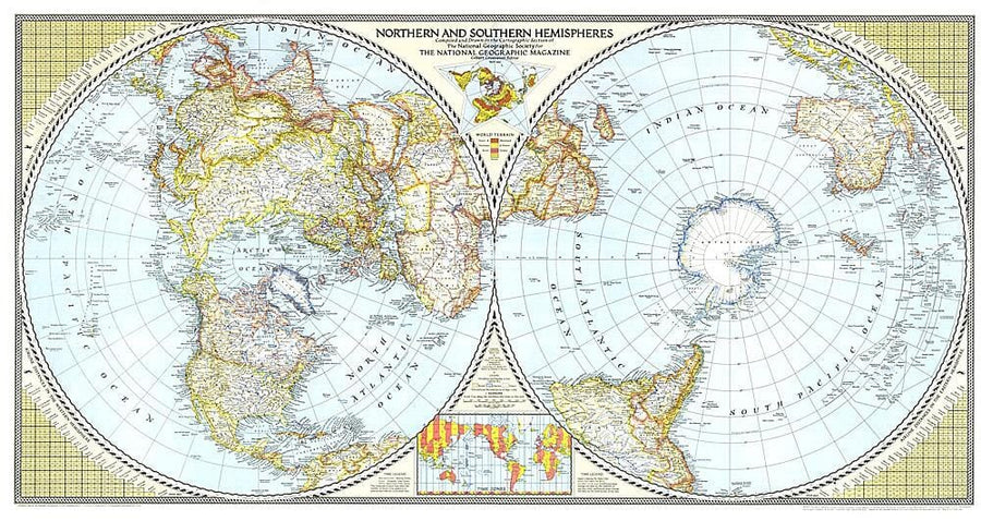 1943 Northern and Southern Hemispheres Map Wall Map 