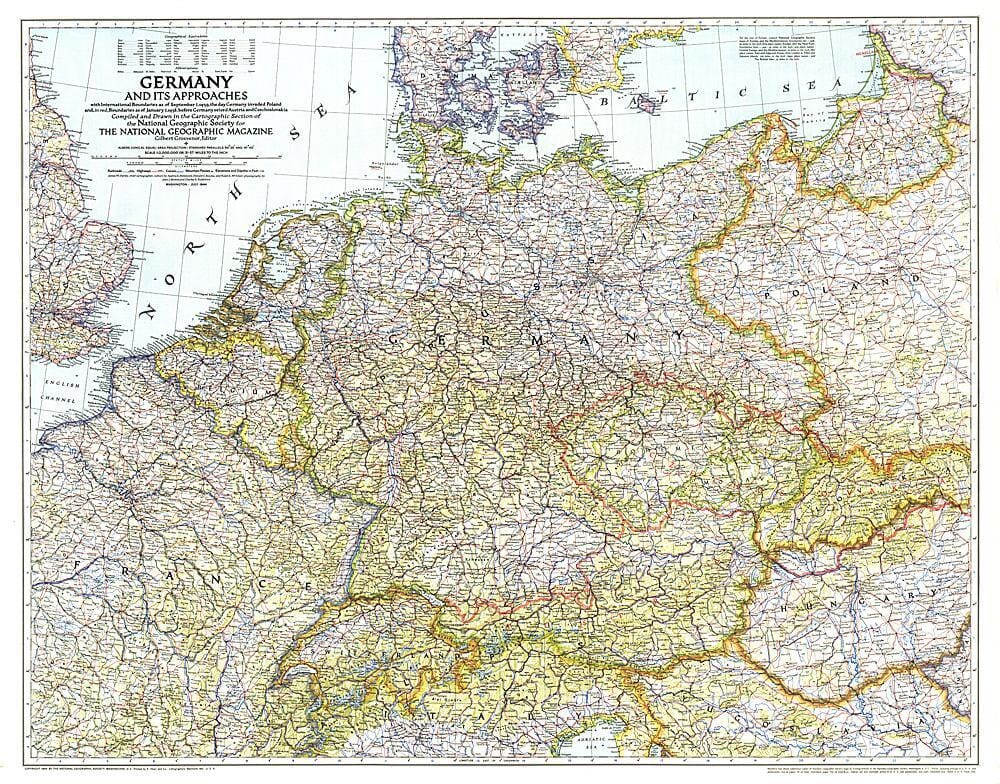 1944 L'Allemagne et ses approches 1938-1939 (carte) carte murale roulée (en tube) National Geographic Historic POD Default Title