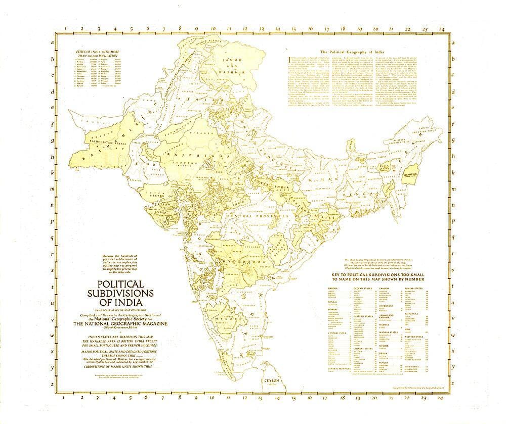 1946 Subdivisions politiques de l'Inde (carte) carte murale roulée (en tube) National Geographic Historic POD Default Title