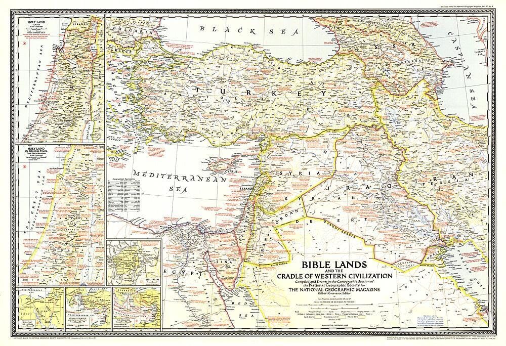1946 Terres bibliques, et le berceau de la civilisation occidentale (carte) carte murale roulée (en tube) National Geographic Historic POD Default Title