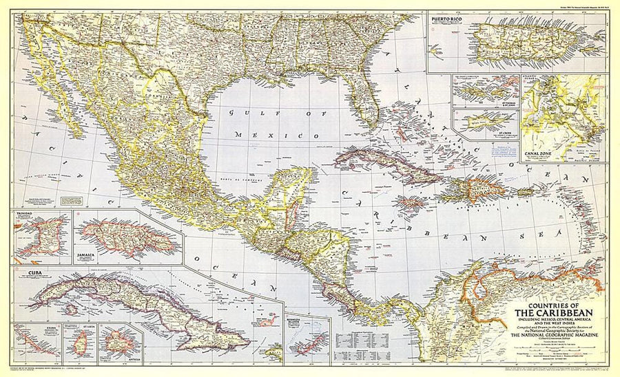 1947 Countries of the Caribbean Map Wall Map 