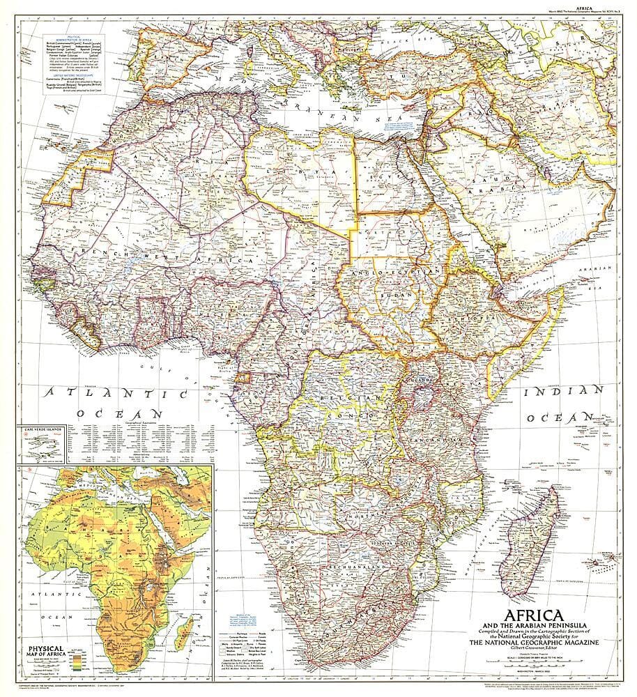 1950 Afrique et Péninsule Arabique (carte) carte murale roulée (en tube) National Geographic Historic POD Default Title