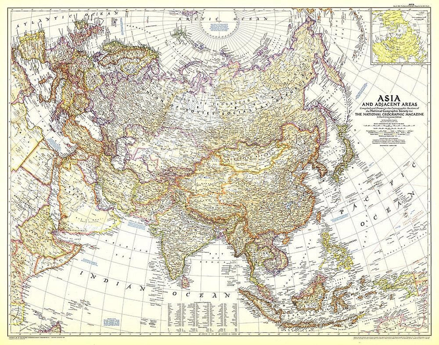 1951 Asia and Adjacent Areas Map Wall Map 