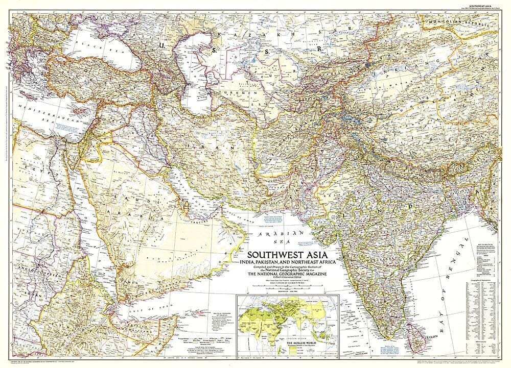 1952 Carte de l'Asie du Sud-Ouest carte murale roulée (en tube) National Geographic Historic POD Default Title