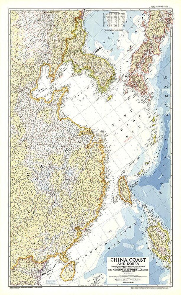 1953 Carte de la côte chinoise et de la Corée carte murale roulée (en tube) National Geographic Historic POD Default Title