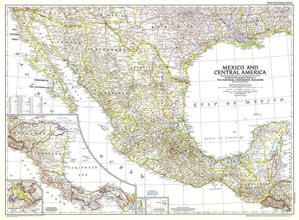1953 Carte du Mexique et de l'Amérique centrale carte murale roulée (en tube) National Geographic Historic POD Default Title
