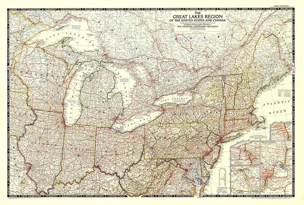 1953 La région des Grands Lacs des États-Unis et du Canada carte murale roulée (en tube) National Geographic Historic POD Default Title