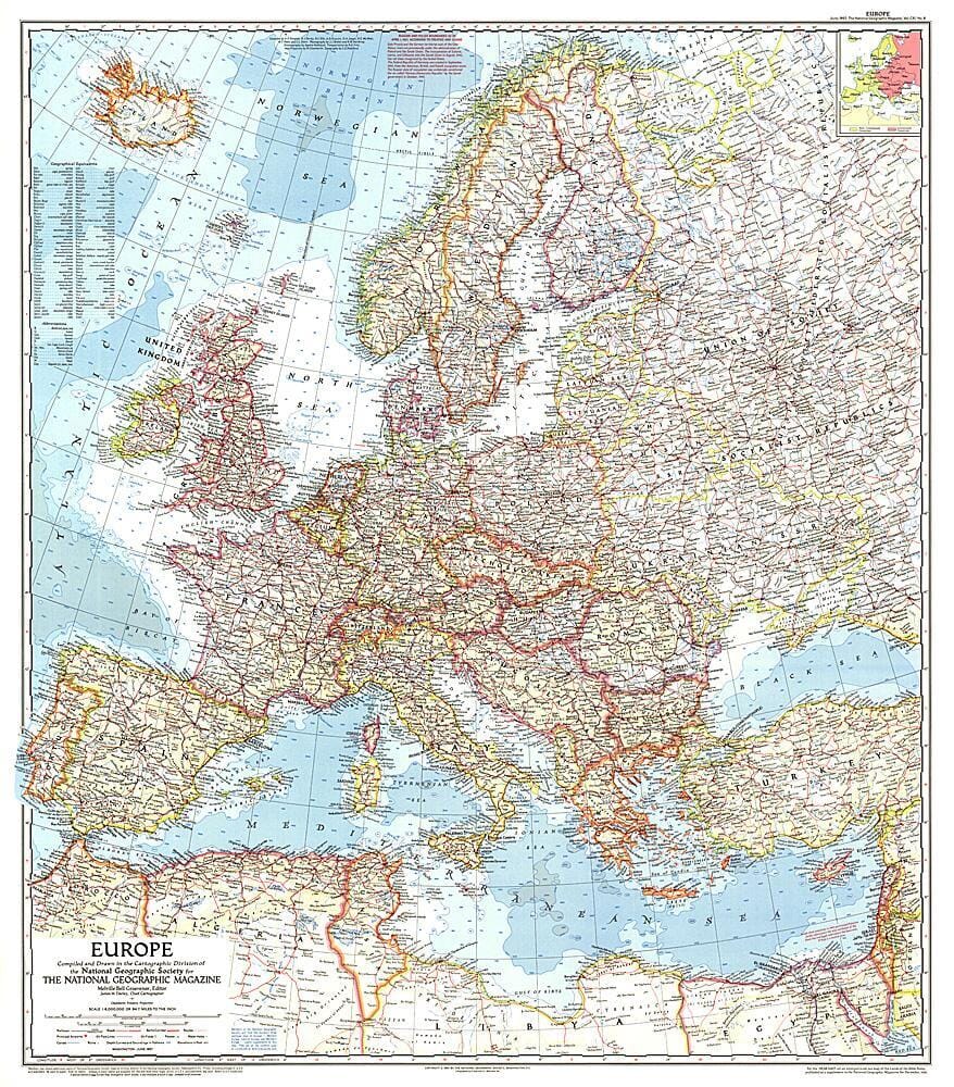 1957 Carte d'Europe carte murale roulée (en tube) National Geographic Historic POD Default Title