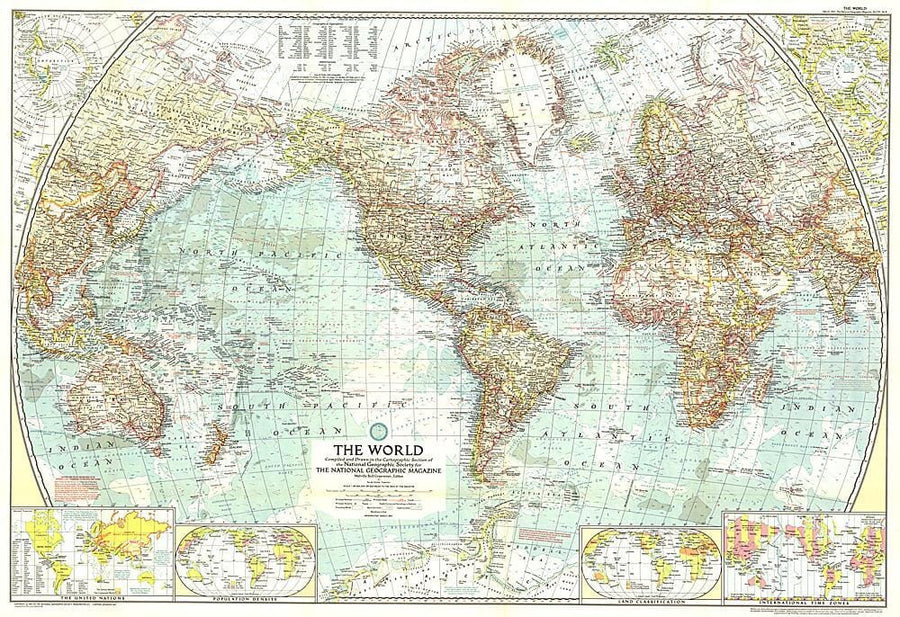 1957 World Map Wall Map 