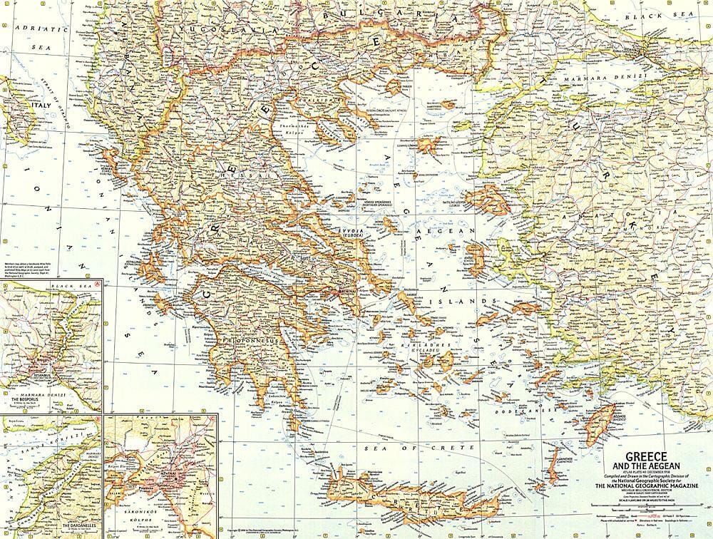 1958 Carte de la Grèce et de la mer Égée carte murale roulée (en tube) National Geographic Historic POD Default Title