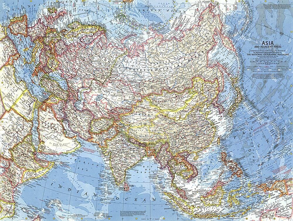 1959 Asia and Adjacent Areas Map Wall Map 