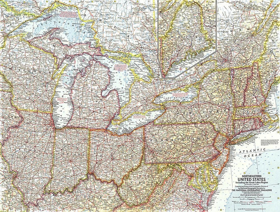 1959 Northeastern United States Map Wall Map 