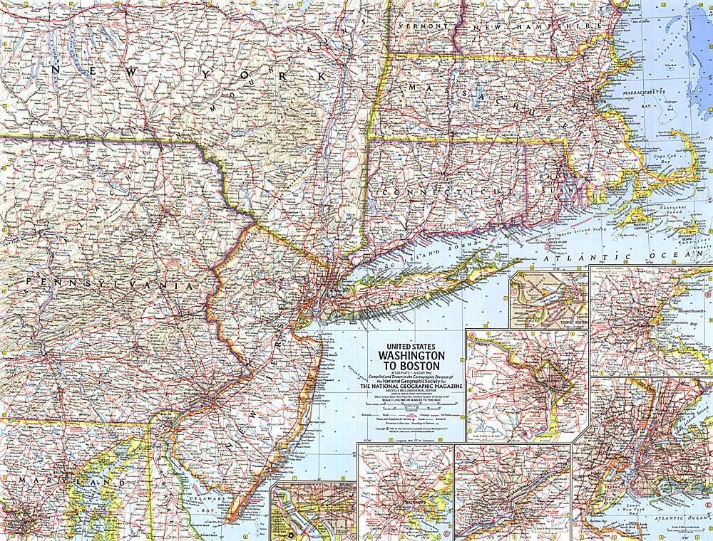 1962 Carte des États-Unis de Washington à Boston carte murale roulée (en tube) National Geographic Historic POD Default Title