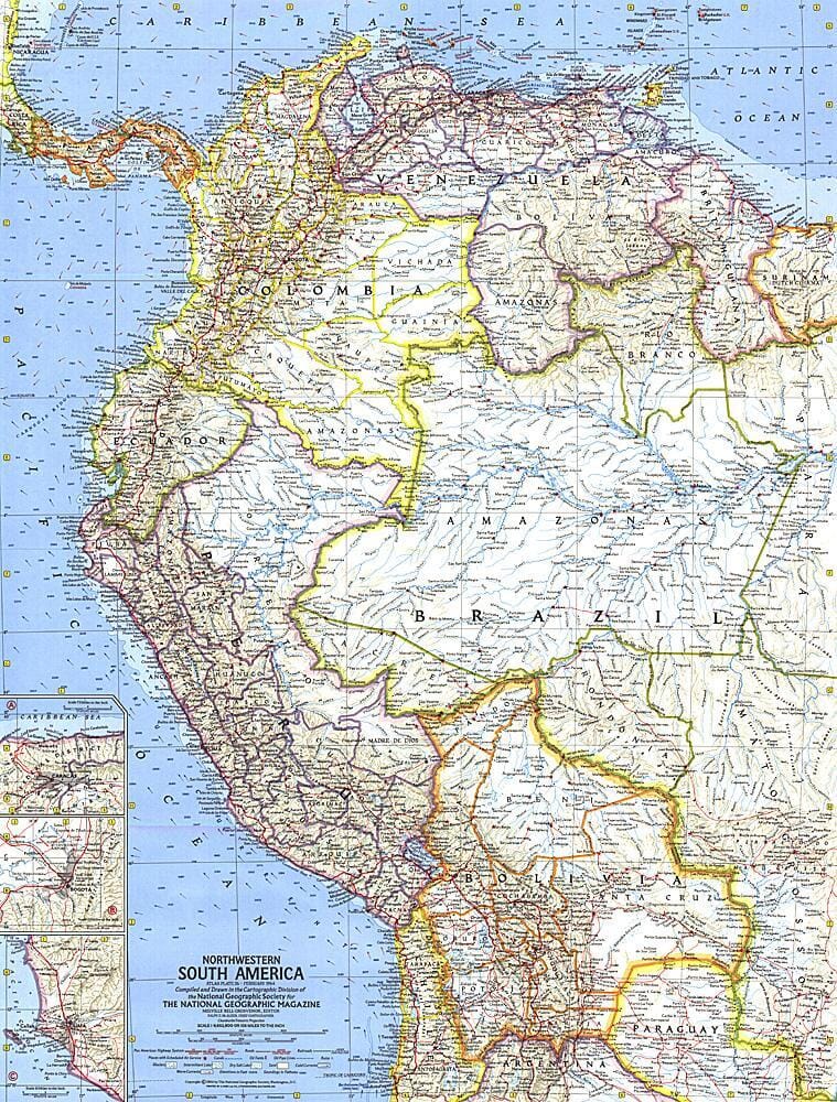 1964 Carte du nord-ouest de l'Amérique du Sud carte murale roulée (en tube) National Geographic Historic POD Default Title