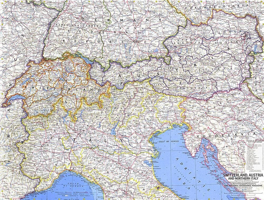 1965 Switzerland, Austria, and Northern Italy Map Wall Map 