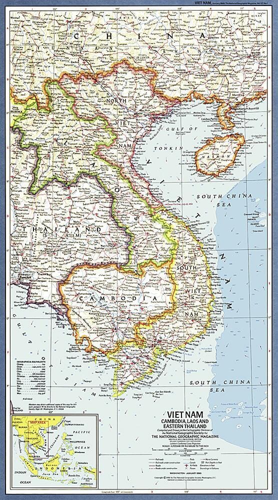 1965 Carte du Vietnam, du Cambodge, du Laos et de l'Est de la Thaïlande carte murale roulée (en tube) National Geographic Historic POD Default Title