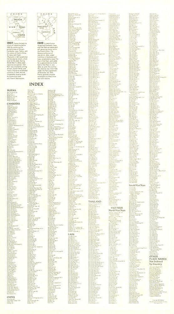 1965 Vietnam, Cambodia, Laos and Eastern Thailand Index Wall Map 