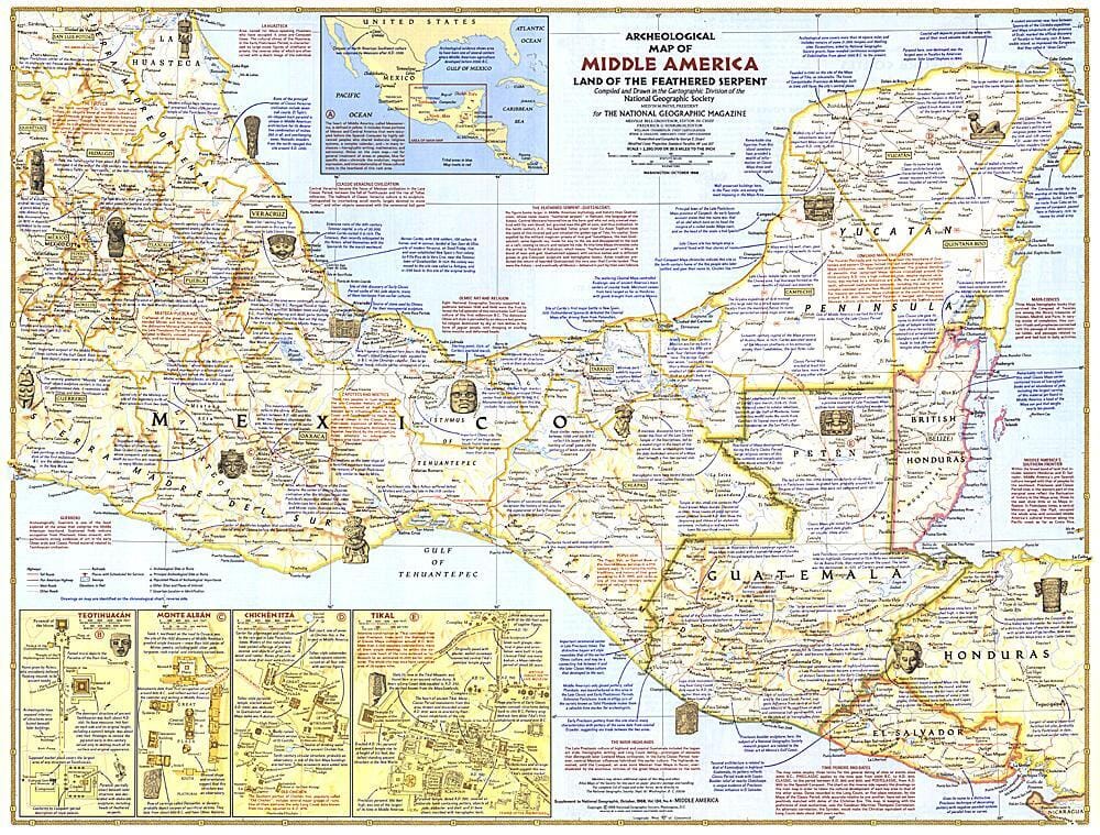 1968 Carte archéologique de l'Amérique centrale carte murale roulée (en tube) National Geographic Historic POD Default Title
