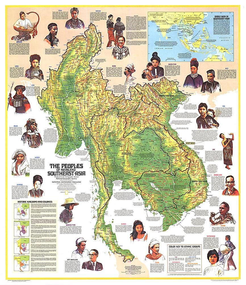 1971 Peuples de l'Asie du Sud-Est continentale (carte) carte murale roulée (en tube) National Geographic Historic POD Default Title