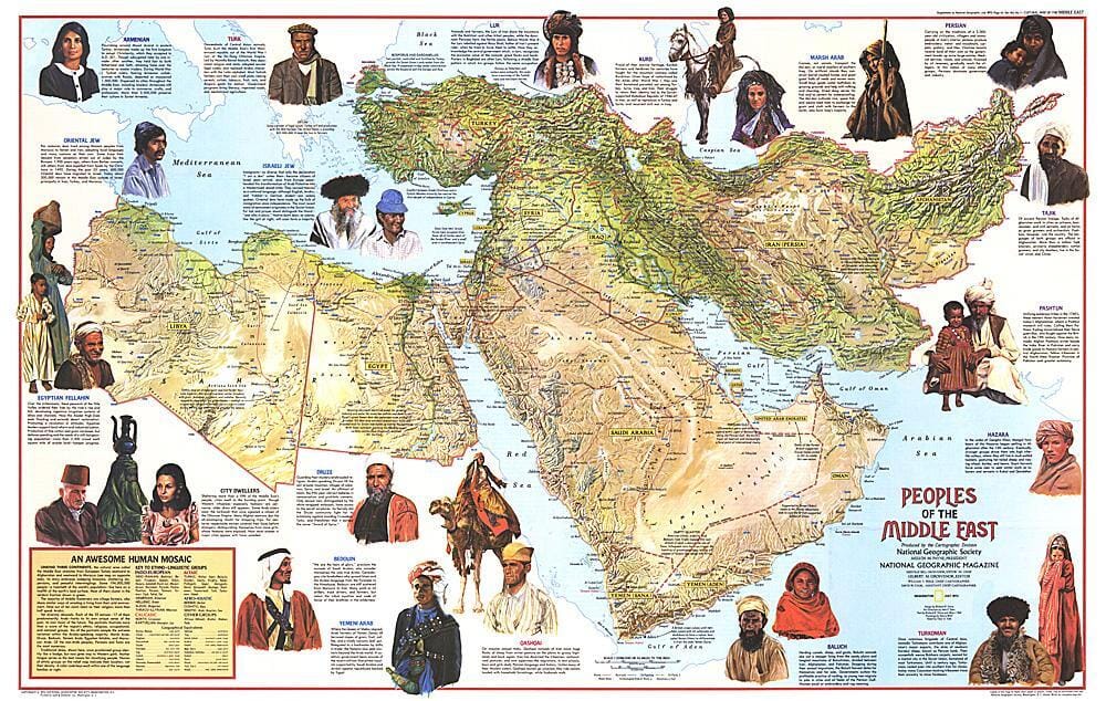 1972 Peuples du Moyen-Orient (carte) carte murale roulée (en tube) National Geographic Historic POD Default Title