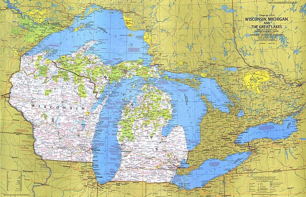 1973 Gros plan de la carte des États-Unis, du Wisconsin, du Michigan et des Grands Lacs carte murale roulée (en tube) National Geographic Historic POD Default Title
