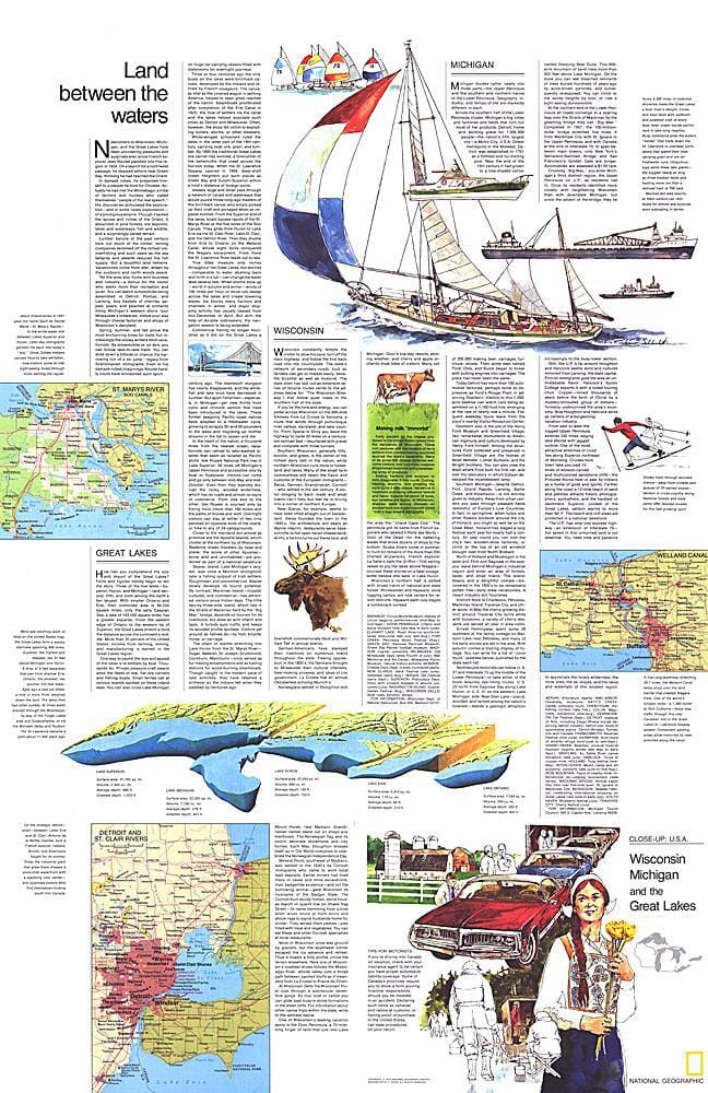 1973 Close-up USA, Wisconsin, Michigan, and the Great Lakes Map, Land Between the Waters Theme Wall Map 