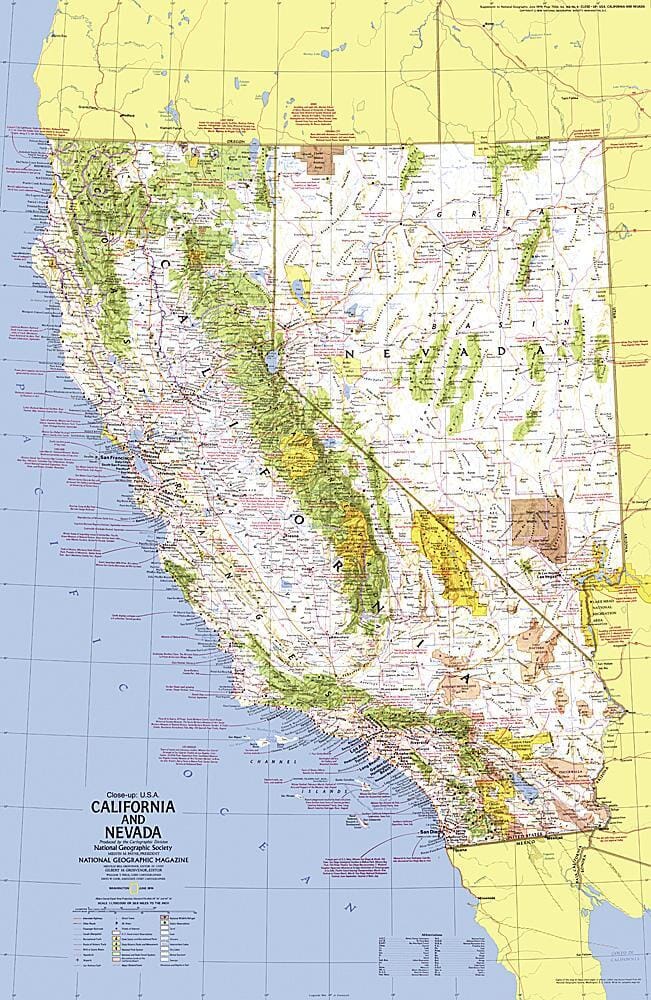 1974 Close-up USA, California and Nevada Map (carte) carte murale roulée (en tube) National Geographic Historic POD Default Title