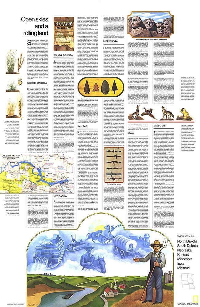 1974 Gros plan sur les États-Unis, thème des États du centre-nord carte murale roulée (en tube) National Geographic Historic POD Default Title