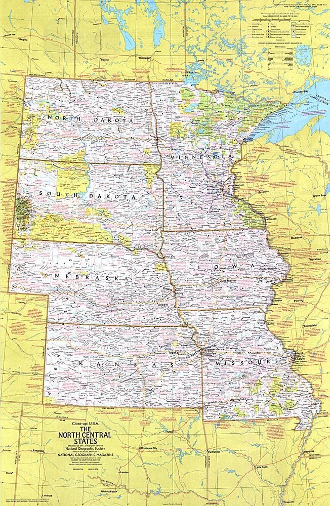 1974 Close-up USA, North Central States Map Wall Map 